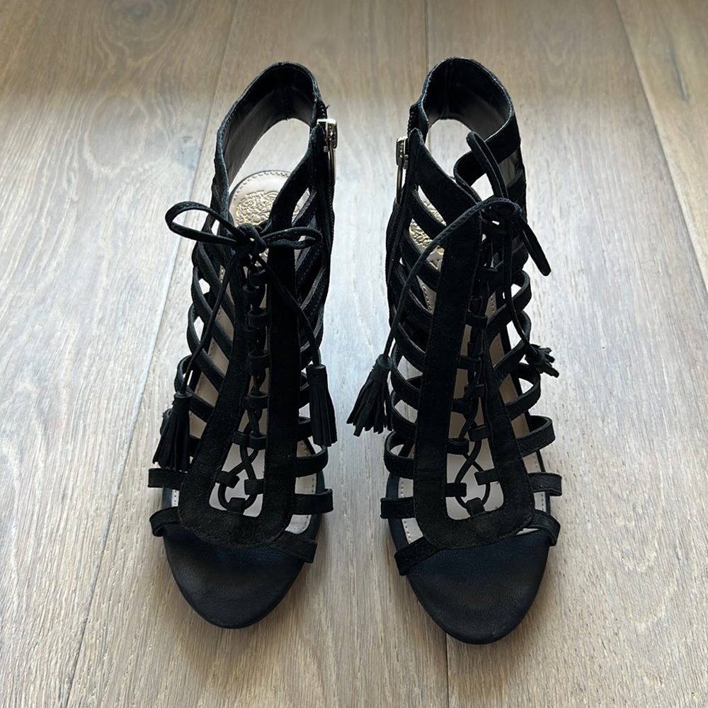 Vince Camuto black gladiator sandals with side zip.